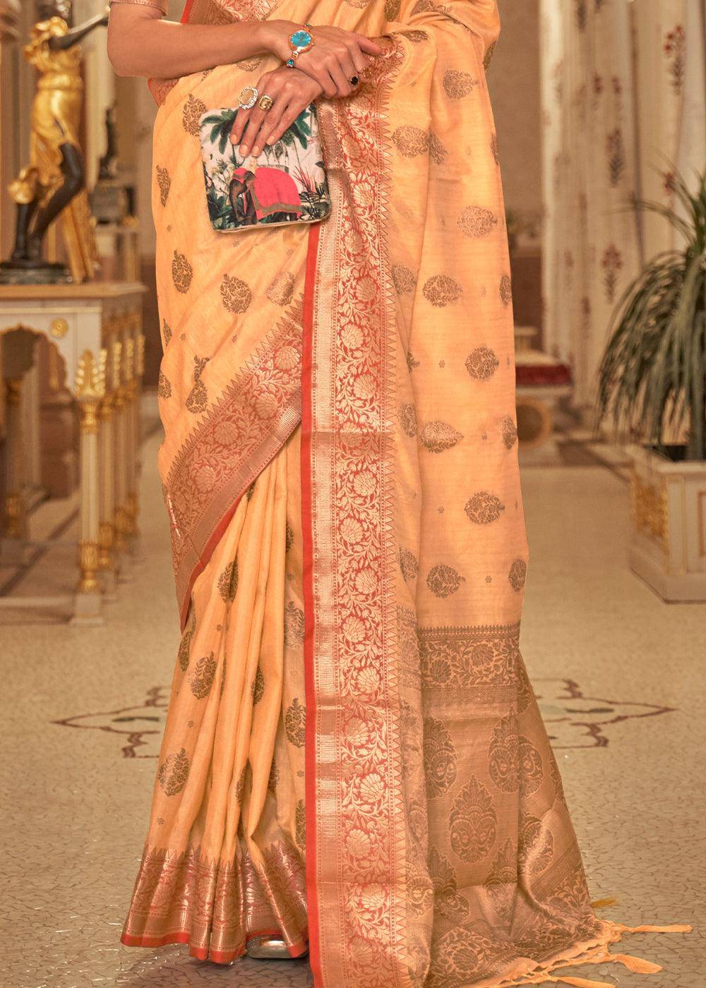 Light Orange Zari Butta Woven Tussar Silk Saree | Stitched Blouse - qivii