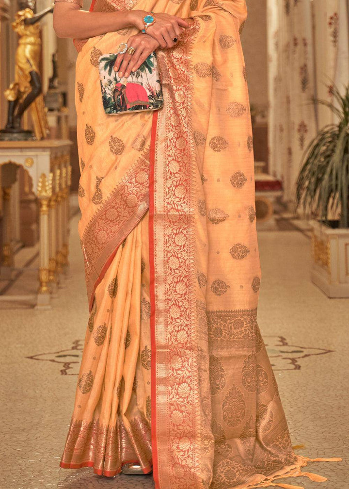 Light Orange Zari Butta Woven Tussar Silk Saree | Stitched Blouse - qivii