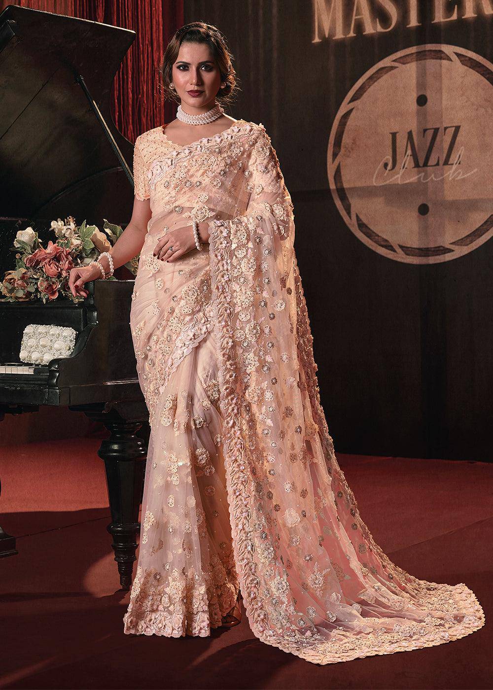 Light Peach Pink Digital Net Saree with Thread,Sequence,Zarkan,Moti and All over Flower Applique work | Stitched Blouse - qivii