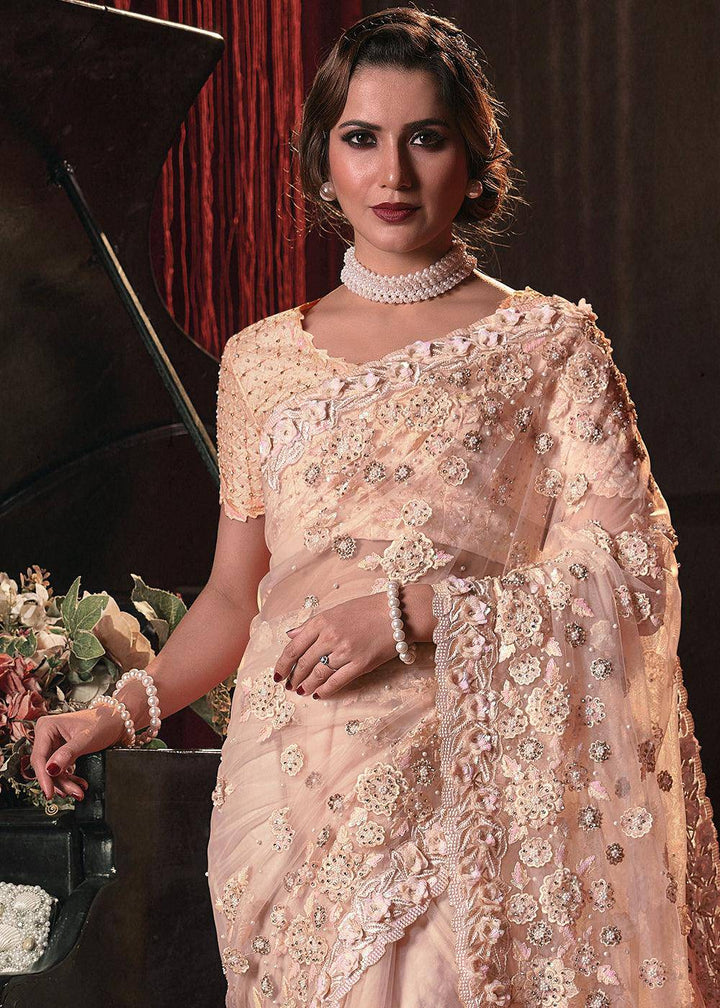 Light Peach Pink Digital Net Saree with Thread,Sequence,Zarkan,Moti and All over Flower Applique work | Stitched Blouse - qivii