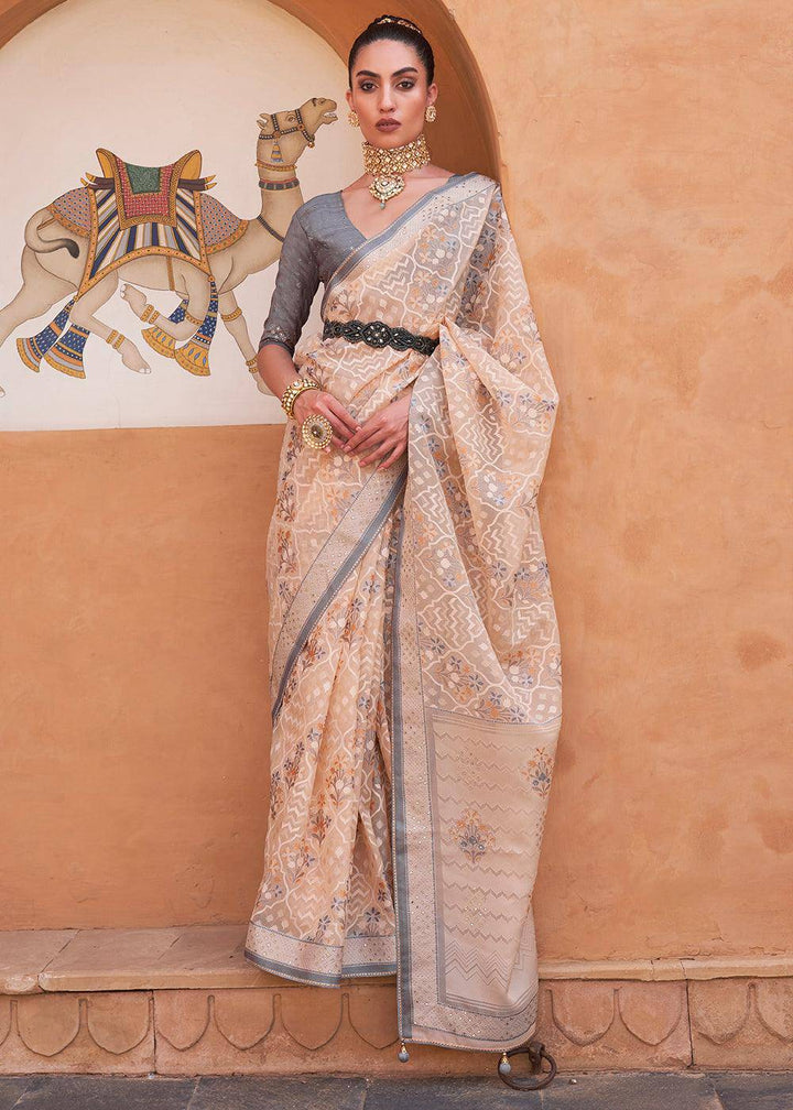 Light Peach Pink Patola Printed Tissue Silk Saree with Designer Blouse | Stitched Blouse - qivii