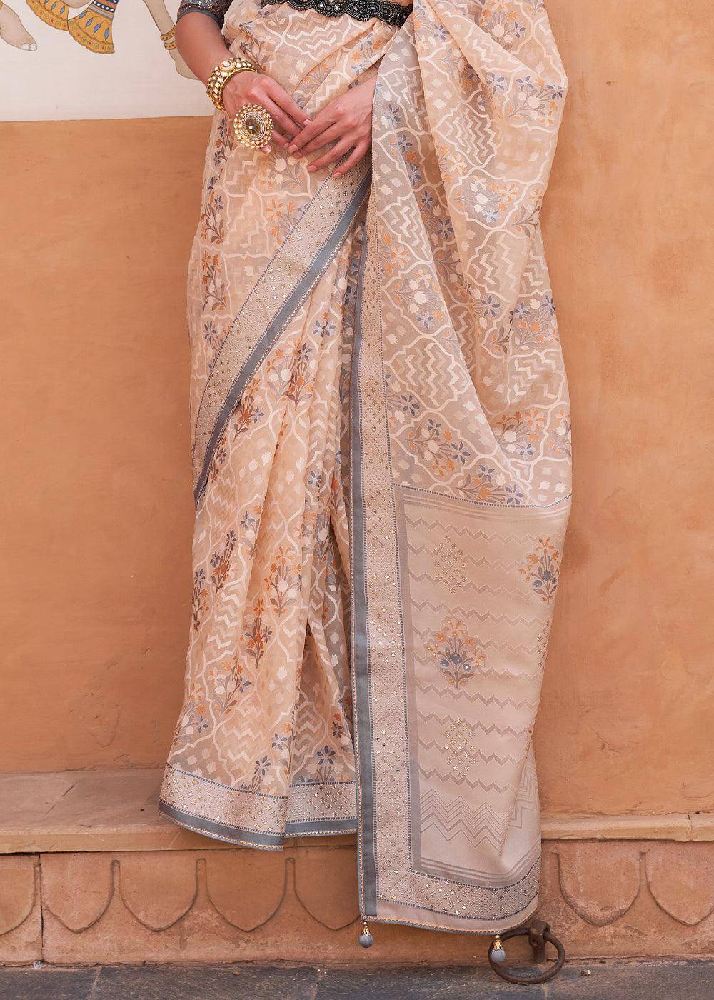 Light Peach Pink Patola Printed Tissue Silk Saree with Designer Blouse | Stitched Blouse - qivii