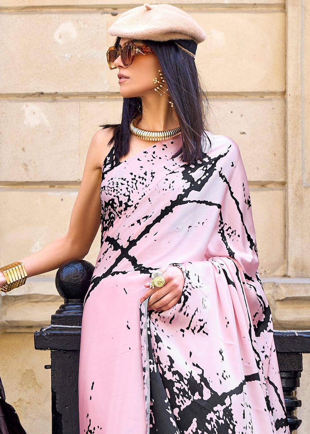 Light Pink Designer Satin Crepe Printed Saree | Stitched Blouse - qivii