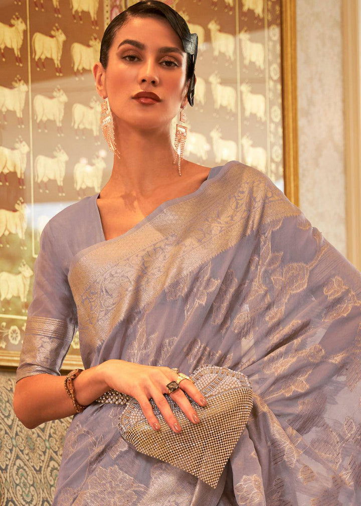 Light Purple Handloom Woven Silk Saree with Sequins work | Stitched Blouse - qivii