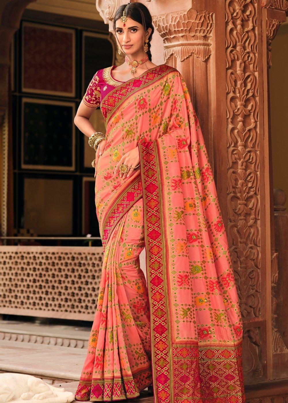 Light Rouge Pink Woven Banarasi Silk Saree with Embroidered Blouse | Stitched Blouse - qivii