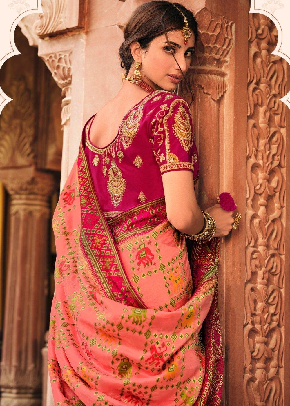 Light Rouge Pink Woven Banarasi Silk Saree with Embroidered Blouse | Stitched Blouse - qivii