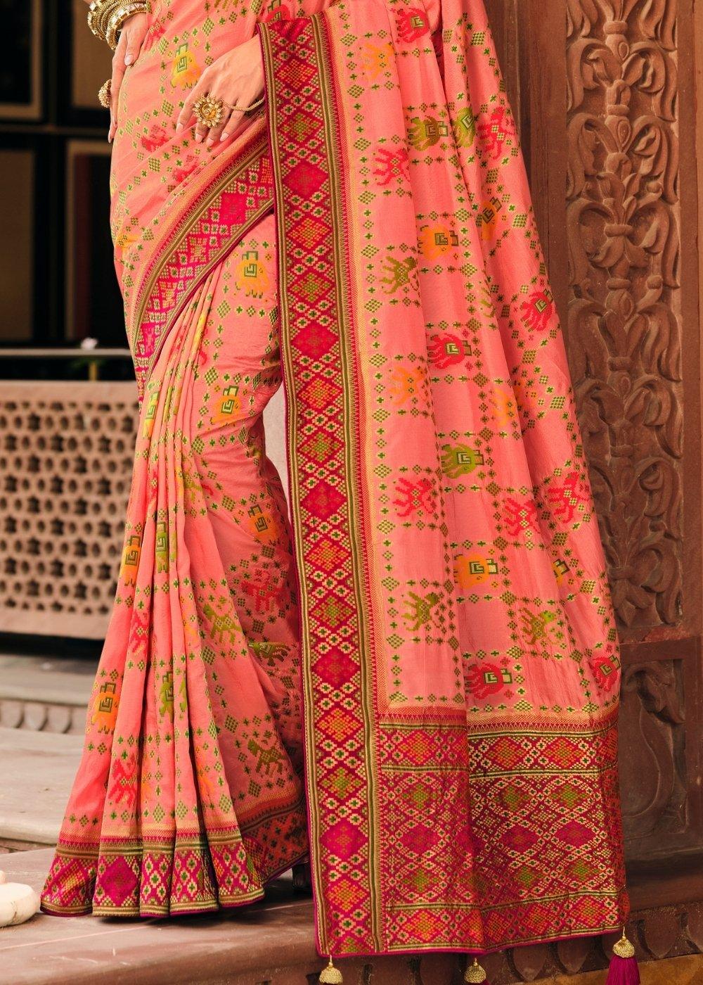 Light Rouge Pink Woven Banarasi Silk Saree with Embroidered Blouse | Stitched Blouse - qivii