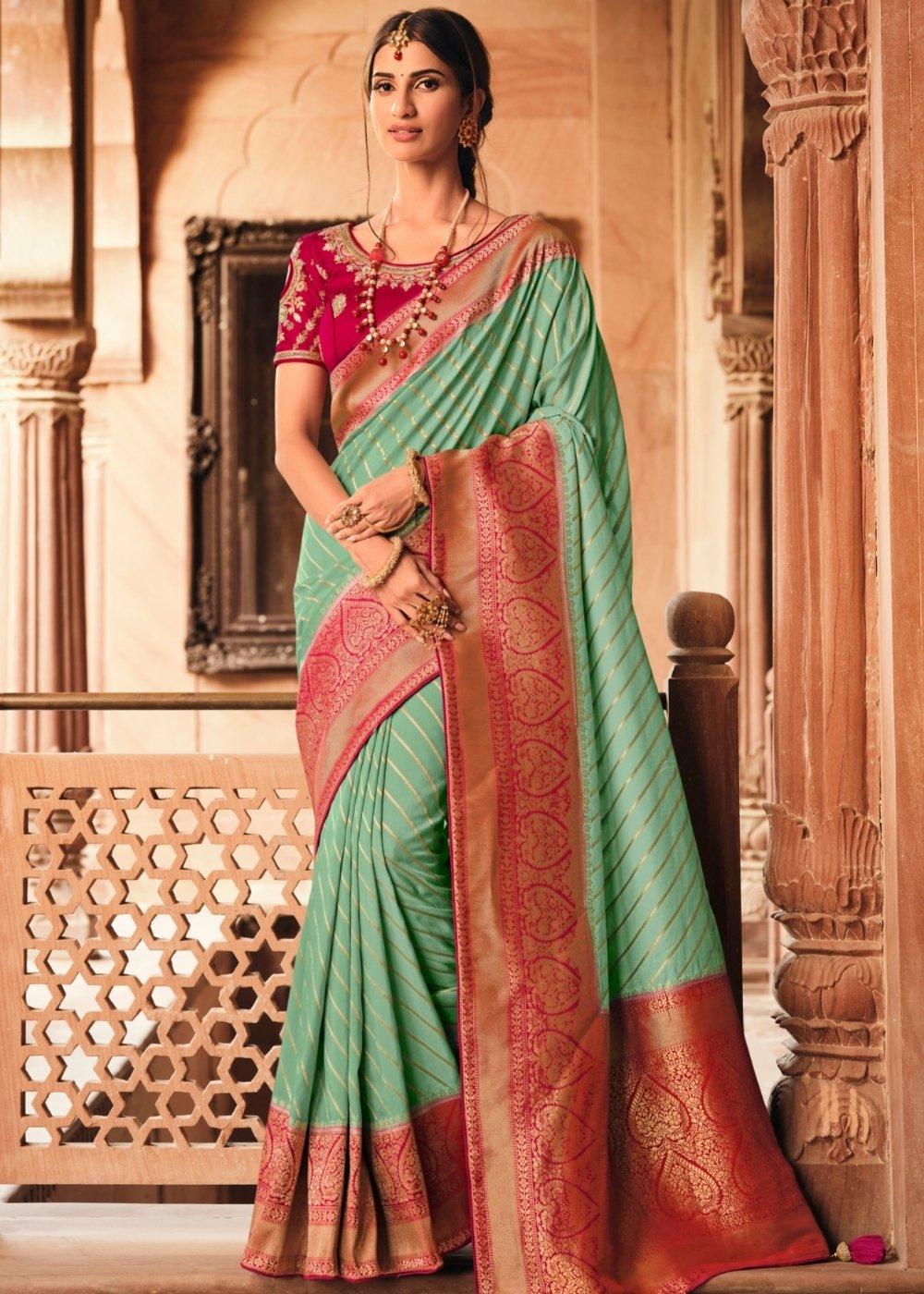 Light Teal Blue Woven Banarasi Silk Saree with Embroidered Blouse | Stitched Blouse - qivii