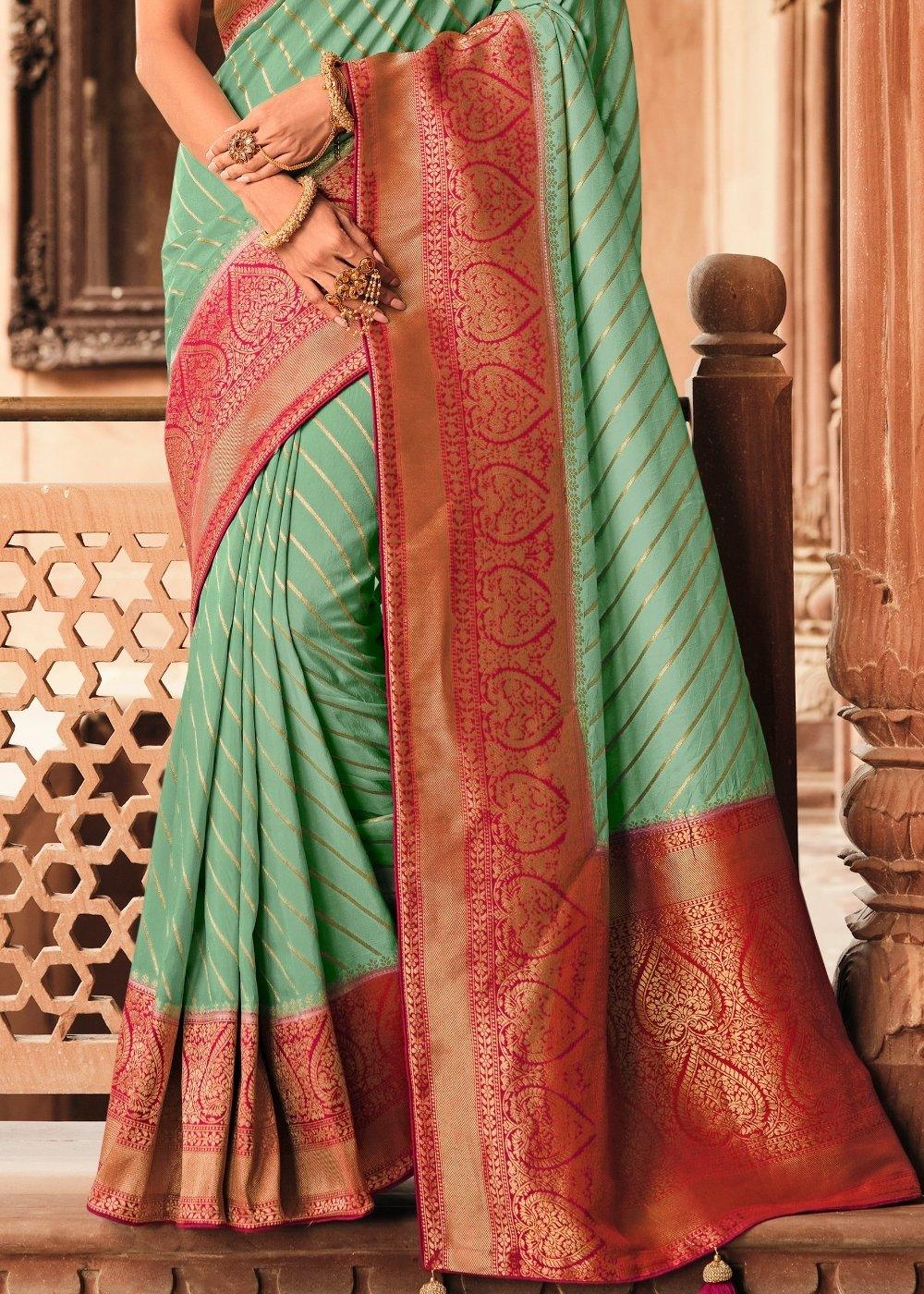 Light Teal Blue Woven Banarasi Silk Saree with Embroidered Blouse | Stitched Blouse - qivii