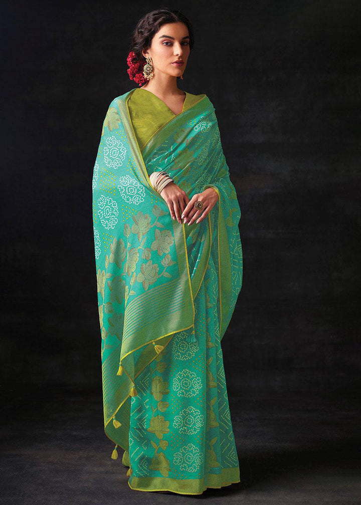 Light Turquoise Blue Bandhani Print Soft Silk Saree with Contrast Blouse | Stitched Blouse - qivii