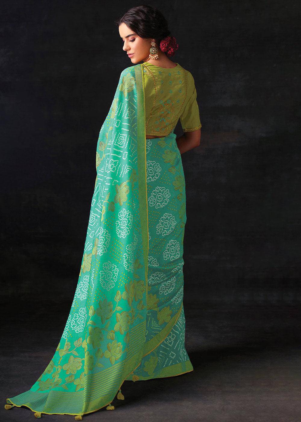 Light Turquoise Blue Bandhani Print Soft Silk Saree with Contrast Blouse | Stitched Blouse - qivii