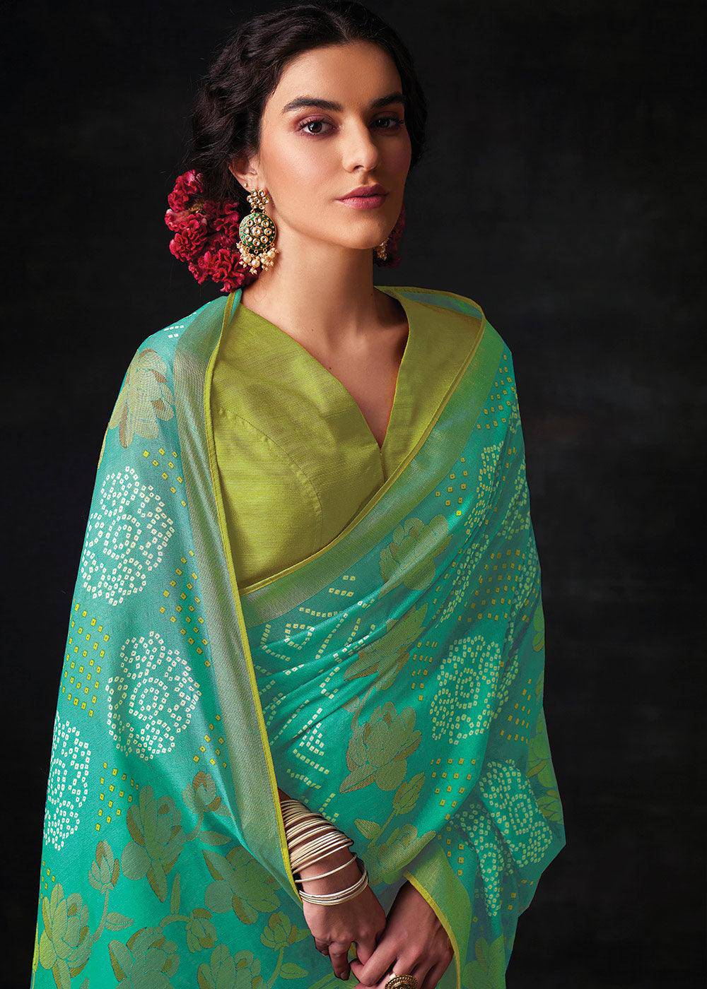 Light Turquoise Blue Bandhani Print Soft Silk Saree with Contrast Blouse | Stitched Blouse - qivii