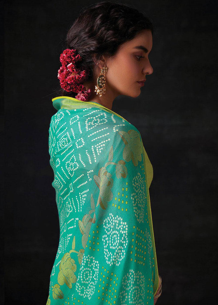 Light Turquoise Blue Bandhani Print Soft Silk Saree with Contrast Blouse | Stitched Blouse - qivii