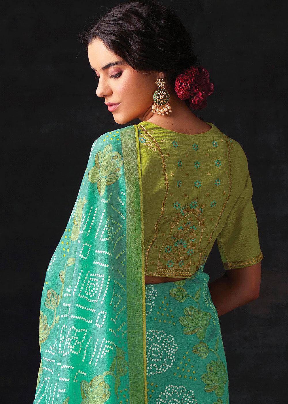 Light Turquoise Blue Bandhani Print Soft Silk Saree with Contrast Blouse | Stitched Blouse - qivii