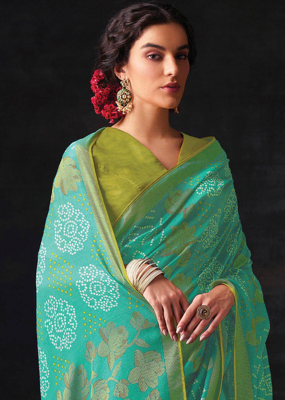 Light Turquoise Blue Bandhani Print Soft Silk Saree with Contrast Blouse | Stitched Blouse - qivii