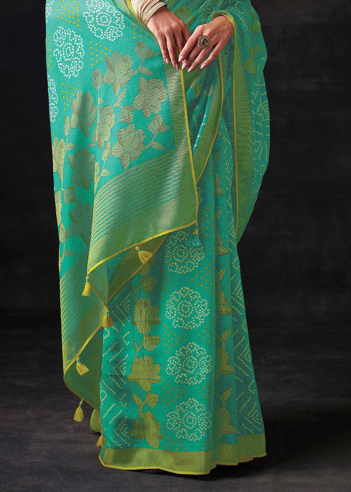 Light Turquoise Blue Bandhani Print Soft Silk Saree with Contrast Blouse | Stitched Blouse - qivii