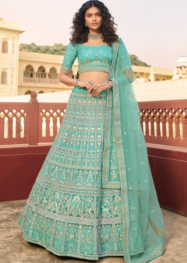 Light Turquoise Blue Organza Lehenga Choli with Zari, Dori, Resham,Gota & Zarkan work - qivii