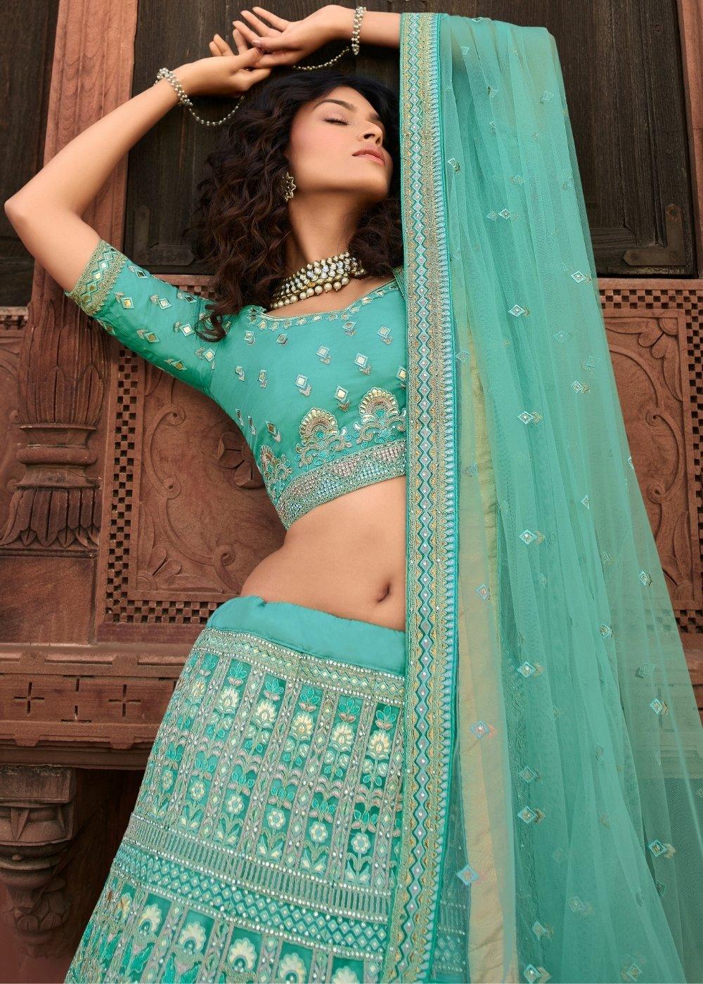 Light Turquoise Blue Organza Lehenga Choli with Zari, Dori, Resham,Gota & Zarkan work - qivii