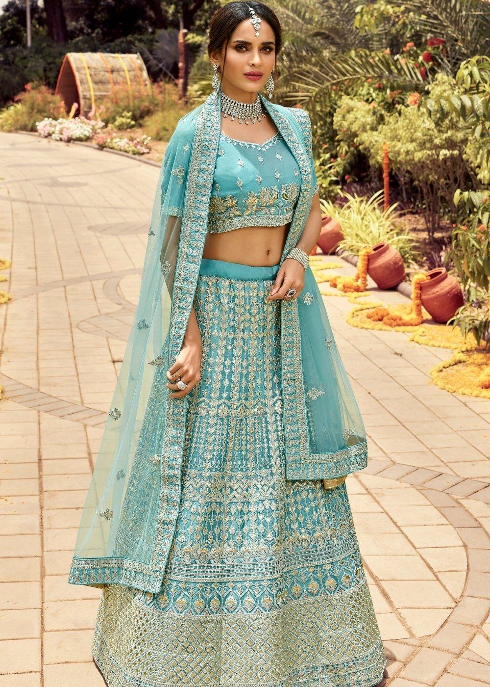 Light Turquoise Blue Organza Lehenga Choli with Zarkan,Gota,Zari & Resham work - qivii