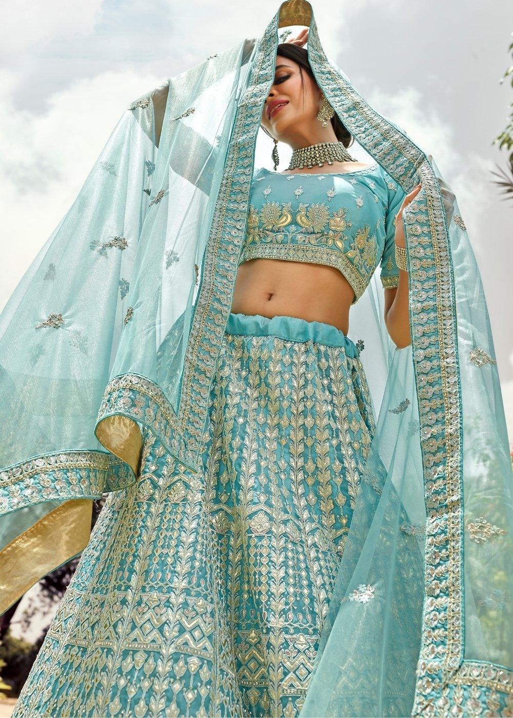 Light Turquoise Blue Organza Lehenga Choli with Zarkan,Gota,Zari & Resham work - qivii