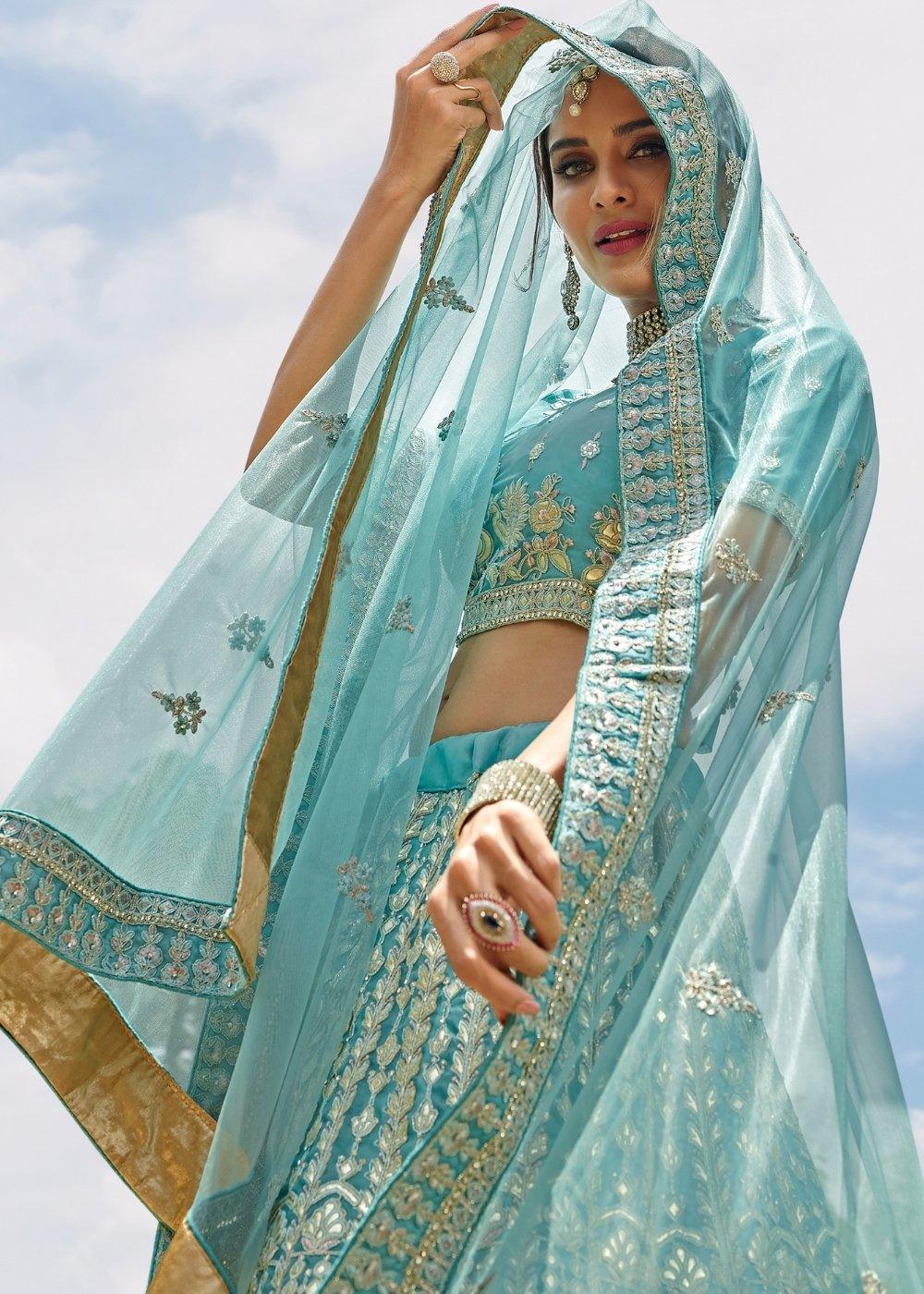 Light Turquoise Blue Organza Lehenga Choli with Zarkan,Gota,Zari & Resham work - qivii