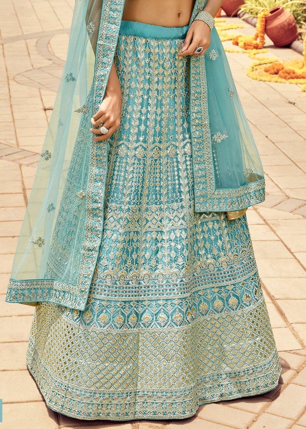 Light Turquoise Blue Organza Lehenga Choli with Zarkan,Gota,Zari & Resham work - qivii