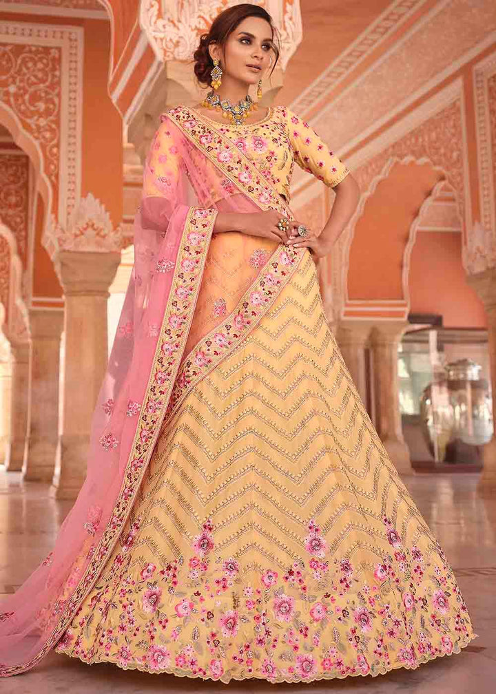 Light Yellow Georgette Lehenga Choli with Zarkan, Zari & Thread work - qivii