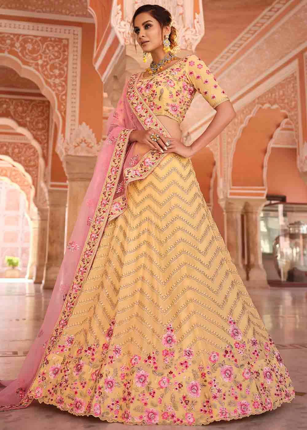 Light Yellow Georgette Lehenga Choli with Zarkan, Zari & Thread work - qivii