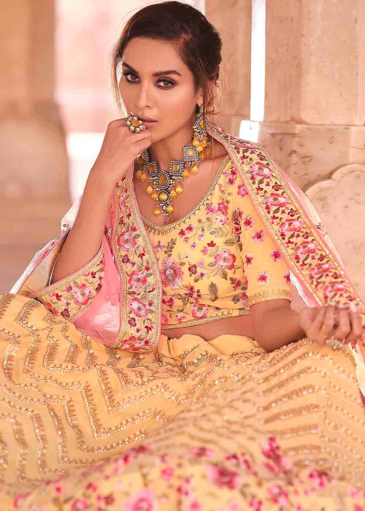 Light Yellow Georgette Lehenga Choli with Zarkan, Zari & Thread work - qivii