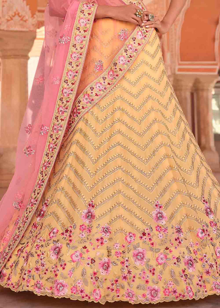 Light Yellow Georgette Lehenga Choli with Zarkan, Zari & Thread work - qivii