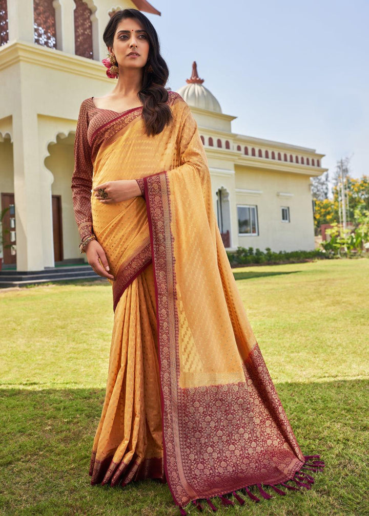 Light Yellow Zari Woven Georgette Saree with Contrast Blouse & Pallu - qivii