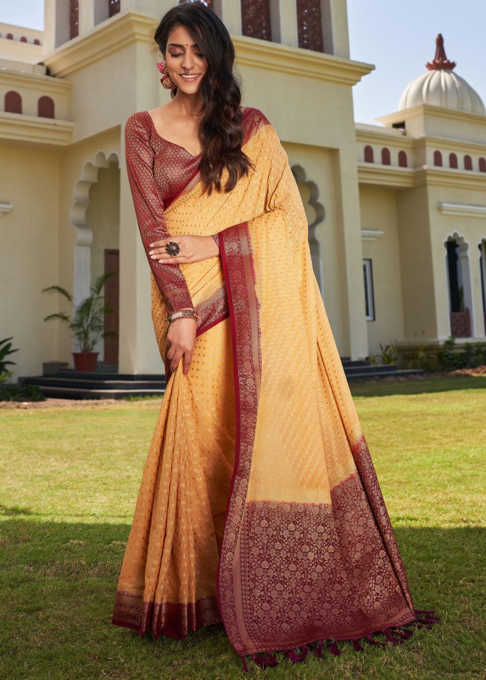 Light Yellow Zari Woven Georgette Saree with Contrast Blouse & Pallu - qivii