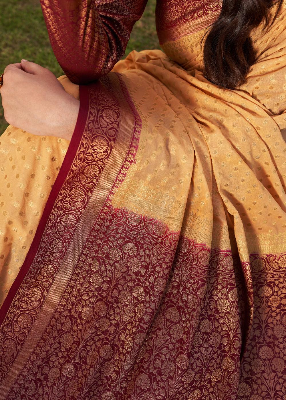 Light Yellow Zari Woven Georgette Saree with Contrast Blouse & Pallu - qivii