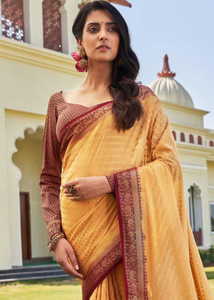 Light Yellow Zari Woven Georgette Saree with Contrast Blouse & Pallu - qivii