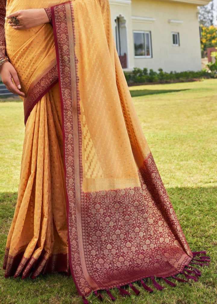 Light Yellow Zari Woven Georgette Saree with Contrast Blouse & Pallu - qivii