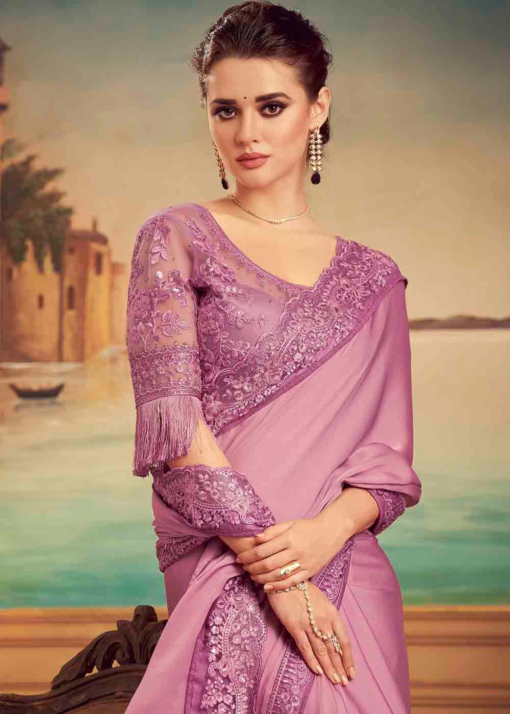 Lilac Purple Designer Embroidered Satin Silk Saree with Sequence work | Stitched Blouse - qivii