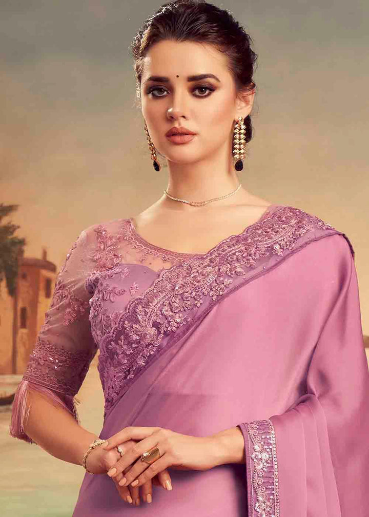 Lilac Purple Designer Embroidered Satin Silk Saree with Sequence work | Stitched Blouse - qivii