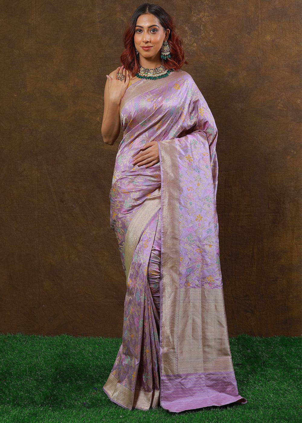 Lilac Purple Hand Woven Pure Katan Silk Saree | Stitched Blouse - qivii