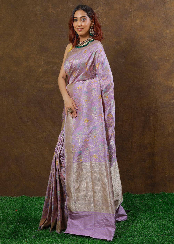 Lilac Purple Hand Woven Pure Katan Silk Saree | Stitched Blouse - qivii