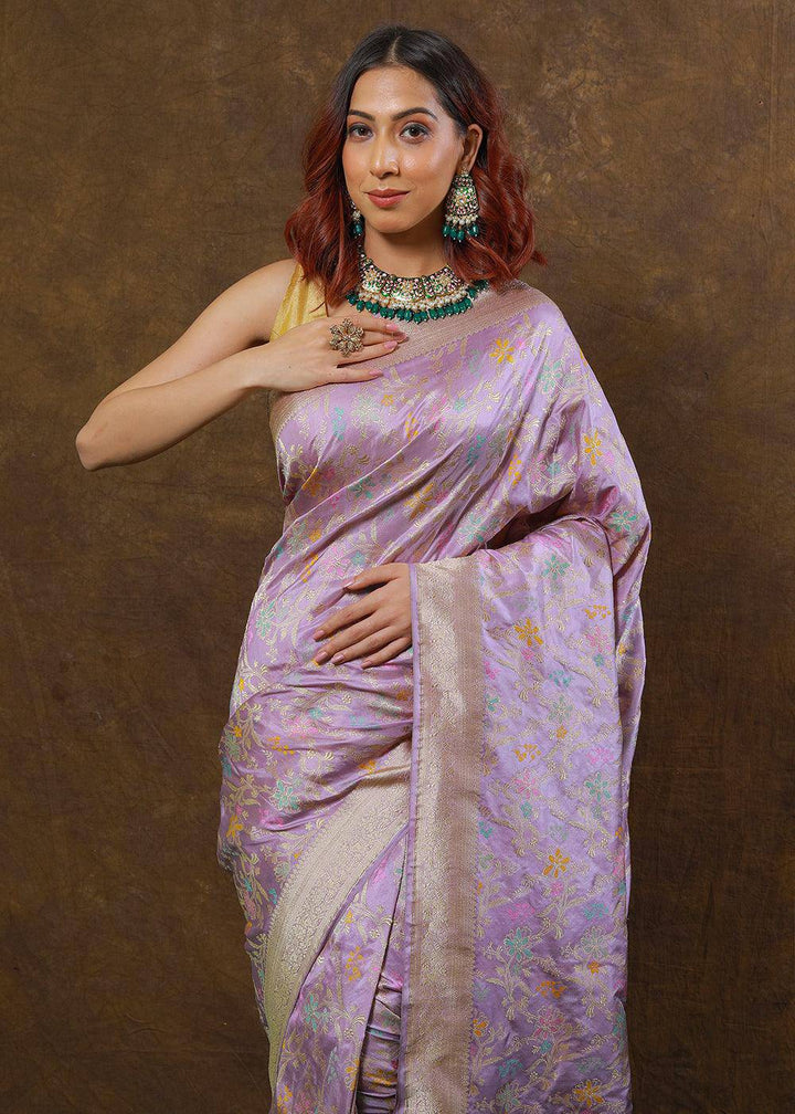 Lilac Purple Hand Woven Pure Katan Silk Saree | Stitched Blouse - qivii