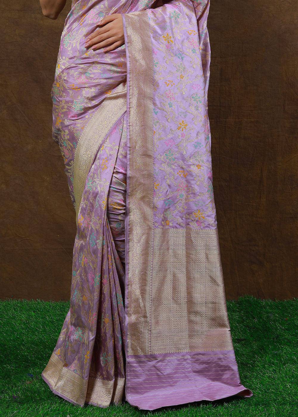 Lilac Purple Hand Woven Pure Katan Silk Saree | Stitched Blouse - qivii