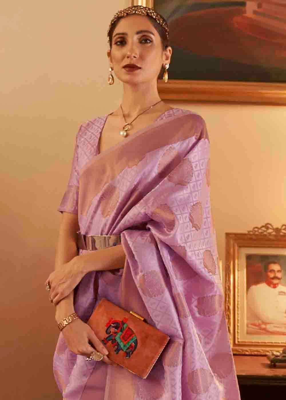 Lilac Purple Handloom Weave Banarasi Silk Saree | Stitched Blouse - qivii