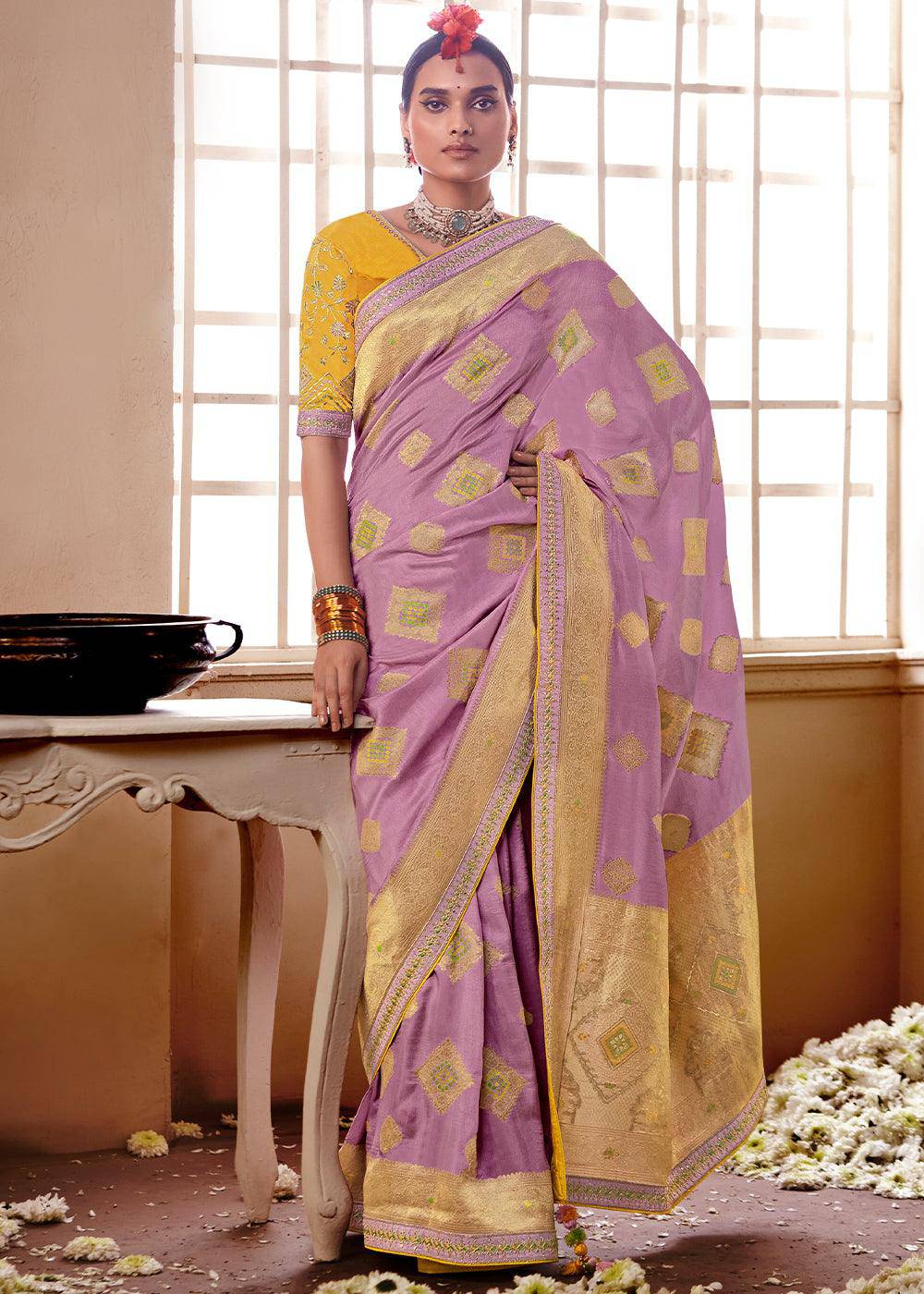 Lilac Purple Woven Dola Silk Saree with Contrast Embroidered Border | Stitched Blouse - qivii