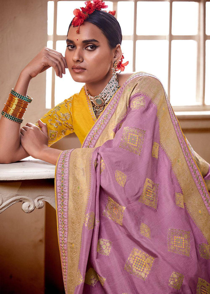 Lilac Purple Woven Dola Silk Saree with Contrast Embroidered Border | Stitched Blouse - qivii