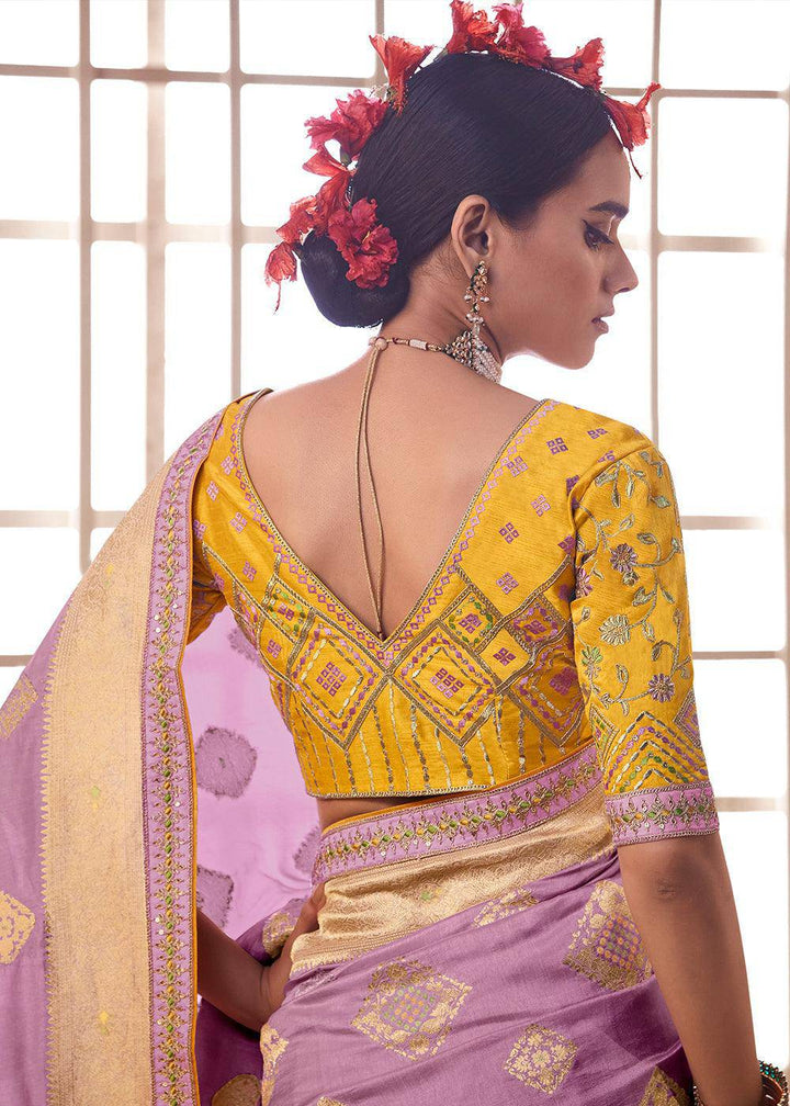 Lilac Purple Woven Dola Silk Saree with Contrast Embroidered Border | Stitched Blouse - qivii