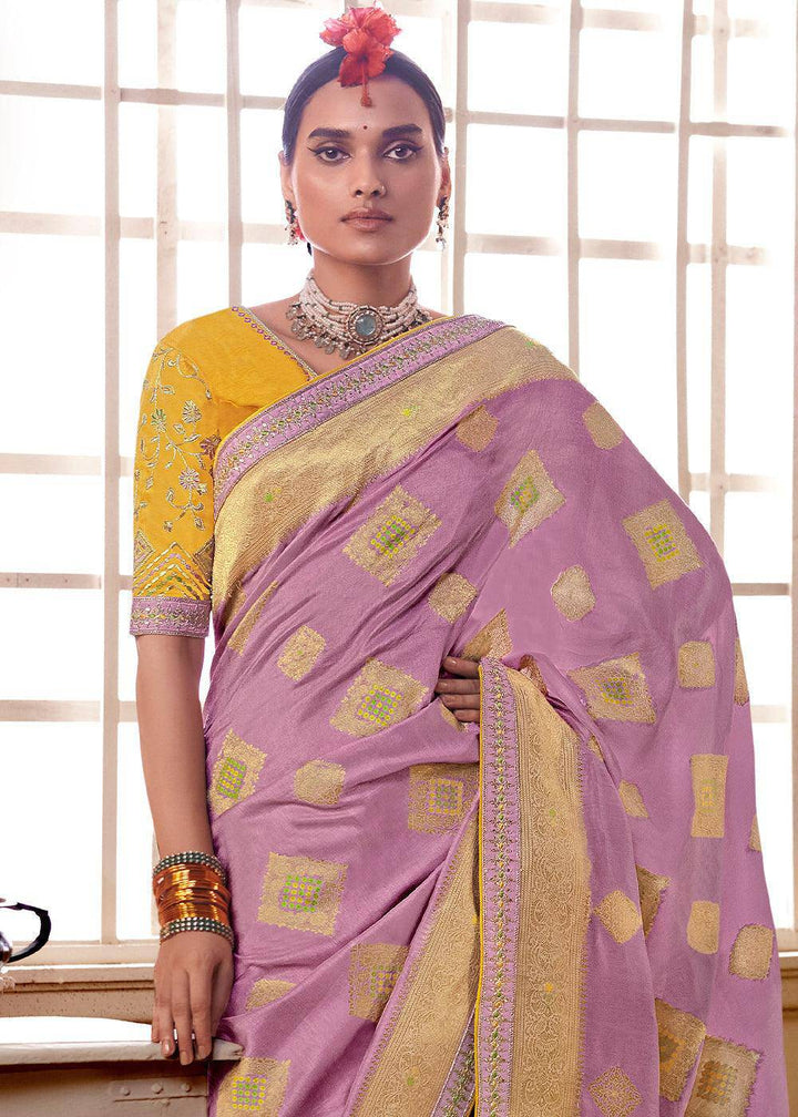 Lilac Purple Woven Dola Silk Saree with Contrast Embroidered Border | Stitched Blouse - qivii