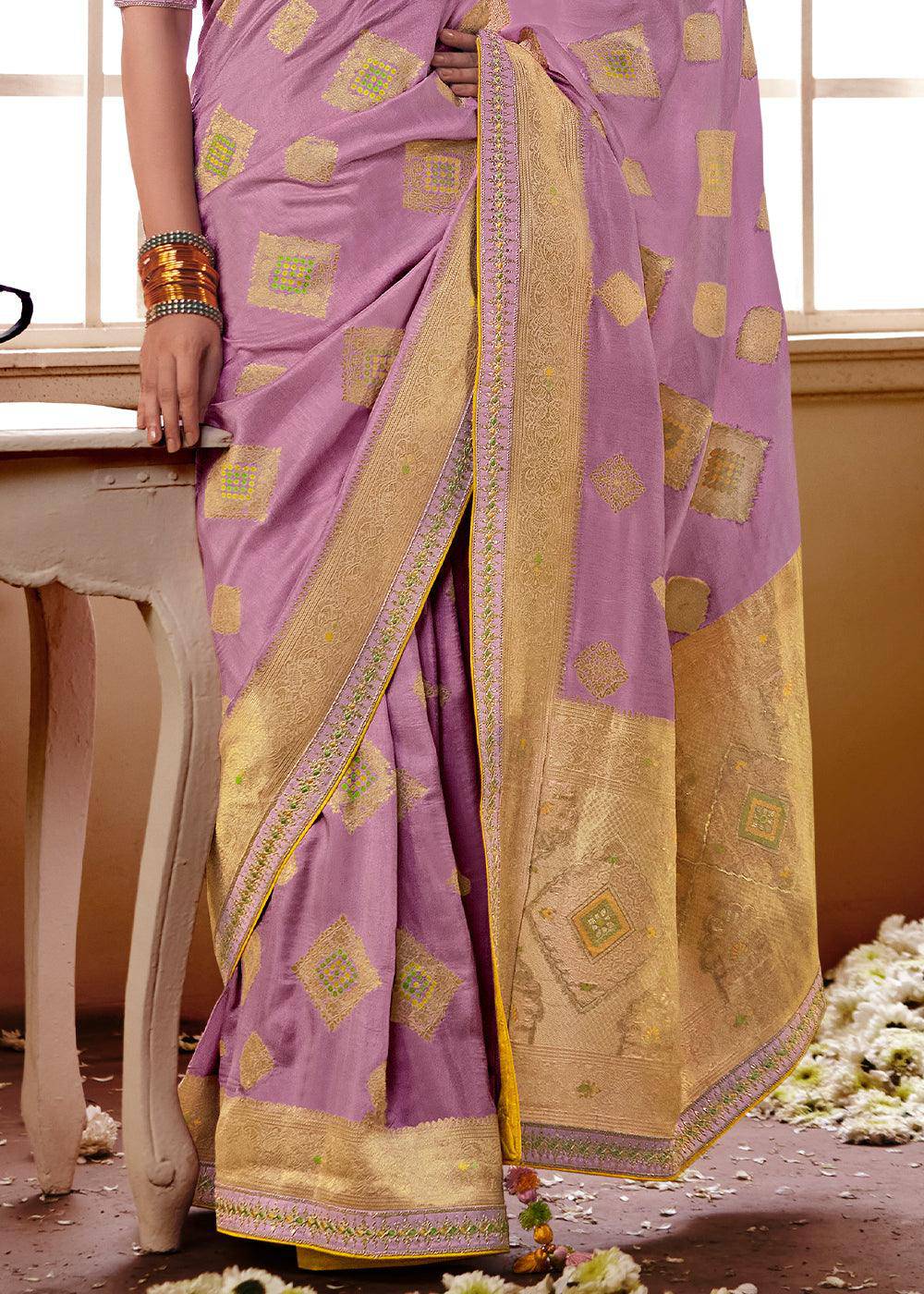 Lilac Purple Woven Dola Silk Saree with Contrast Embroidered Border | Stitched Blouse - qivii