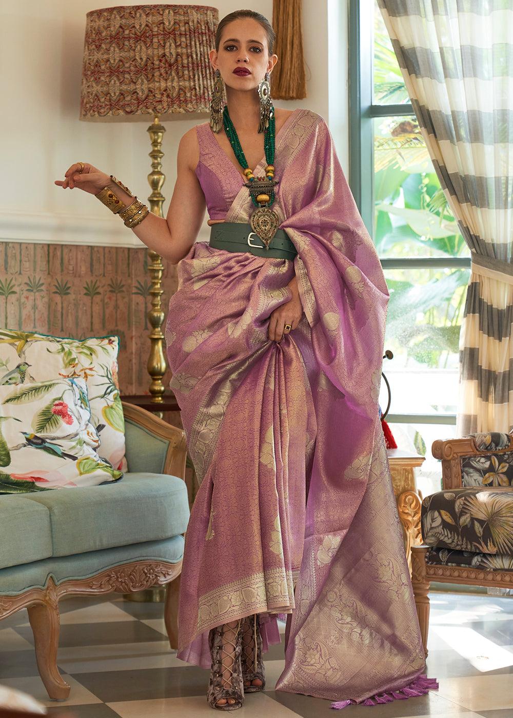 Lilac Purple Woven Satin Tissue Silk Saree - qivii