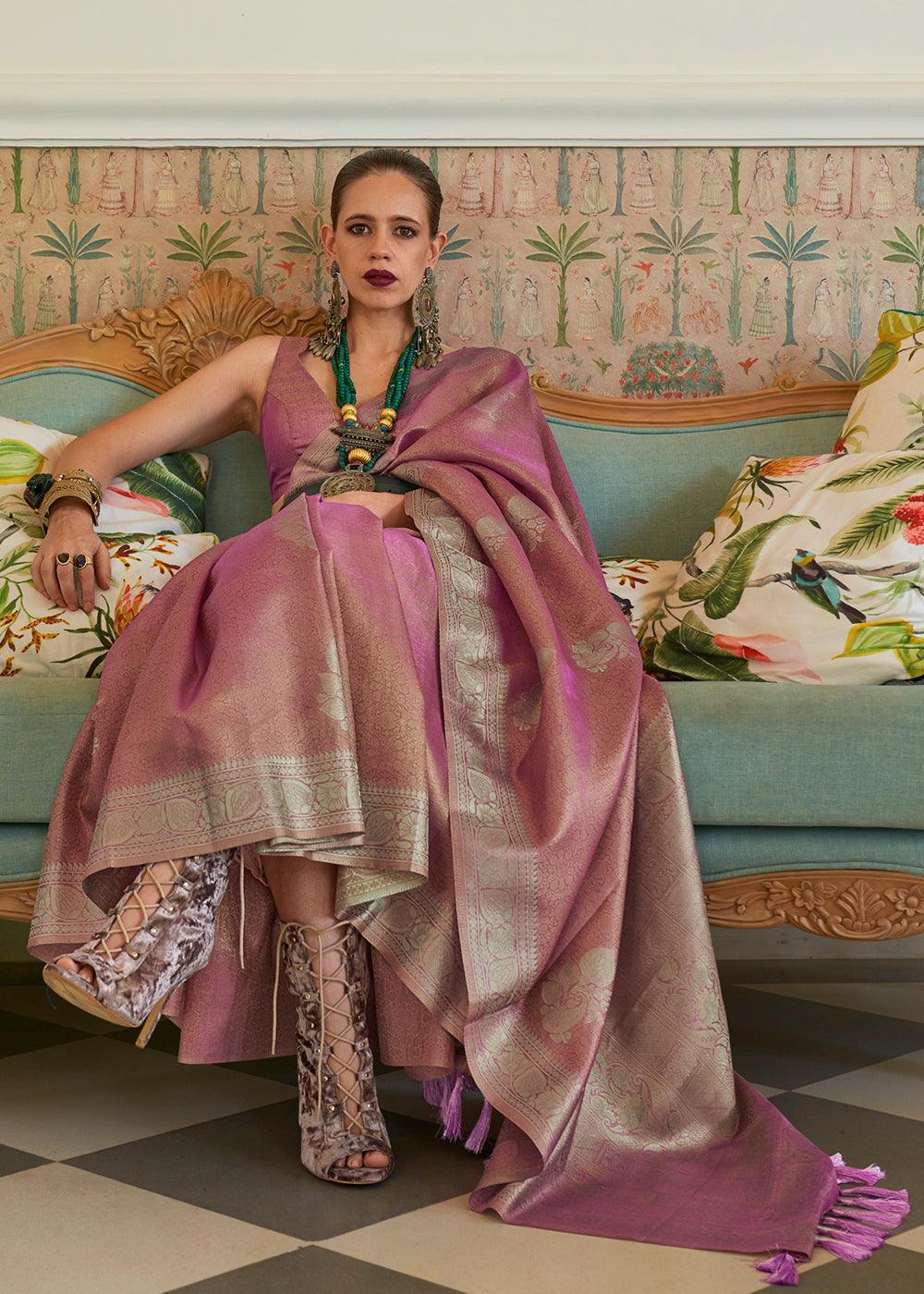 Lilac Purple Woven Satin Tissue Silk Saree - qivii