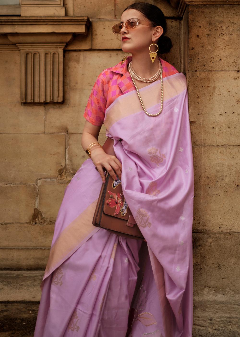 Lilac Purple Zari Handloom Woven Soft Silk Saree - qivii